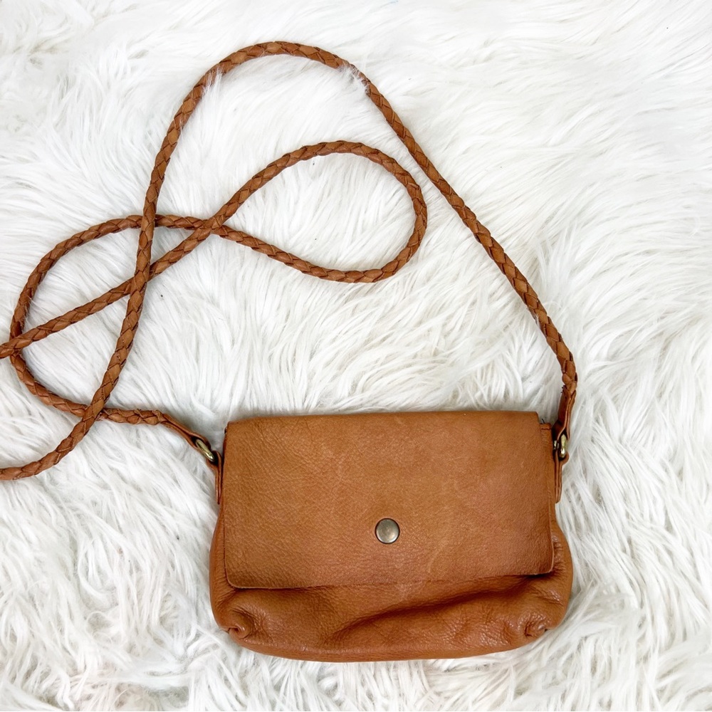 DAY AND MOOD BROWN LEATHER SMALL CROSSBODY PURSE WITH BRAIDED STRAP